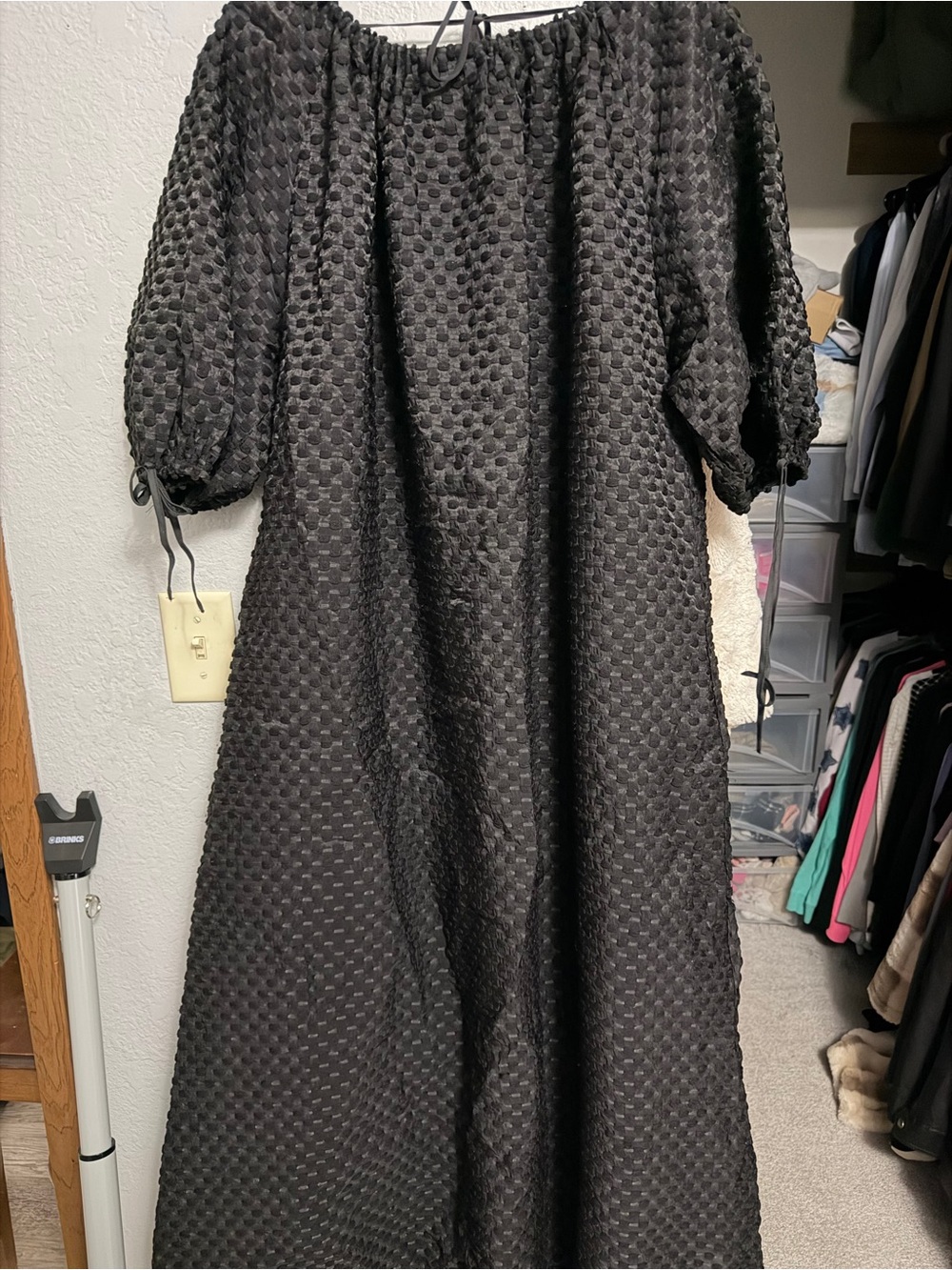 ASOS Black Textured Puff-Sleeve Maxi Dress. Back tie and sleeve ties
